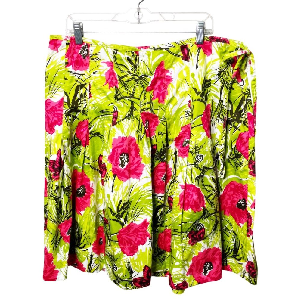Talbots Womens Green Pink Butterfly Floral Print Pleated Skirt Sz 16 Knee Length
